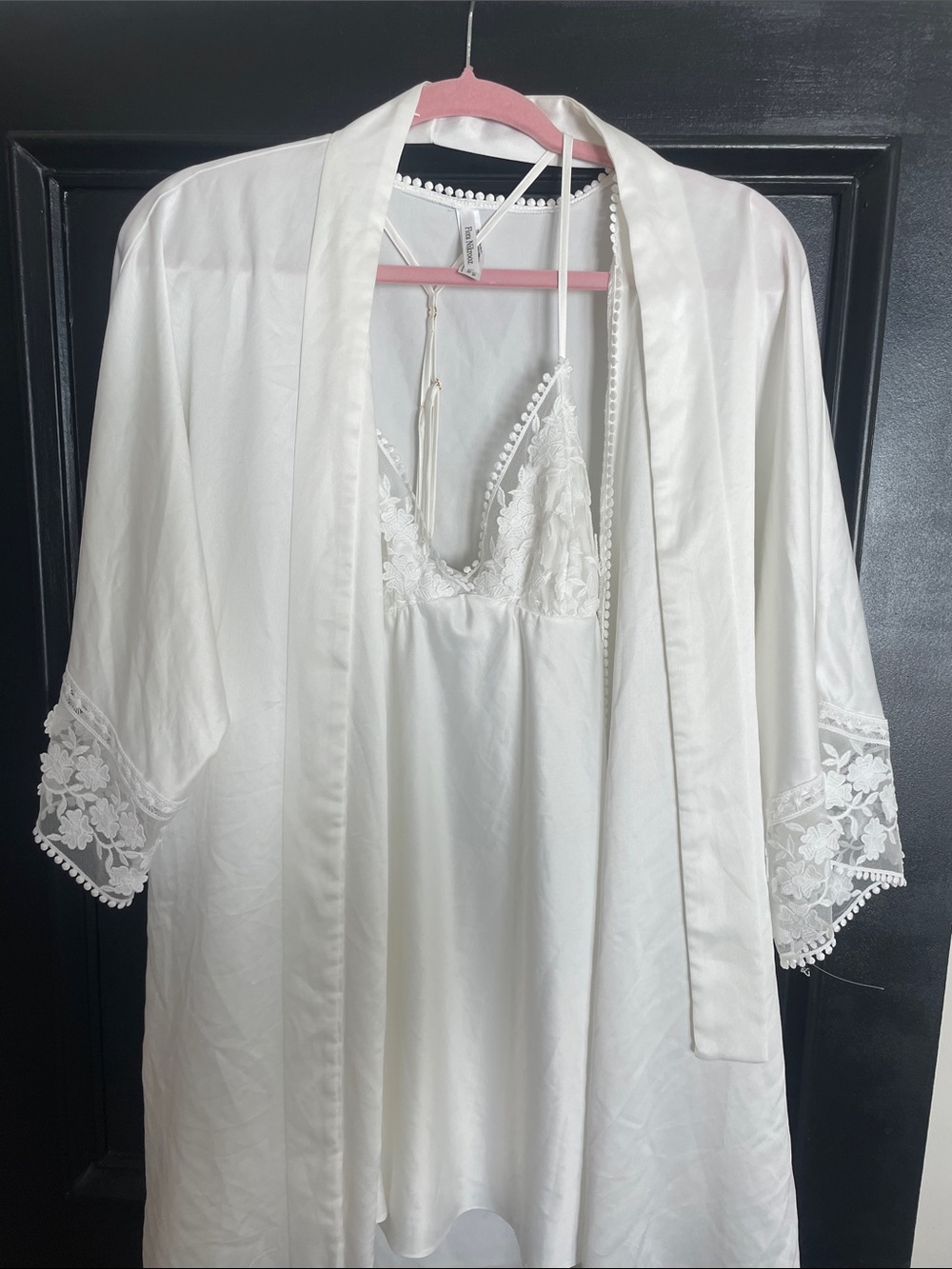 Flora Nikrooz White Satin Lace Robe & Chemise Set
